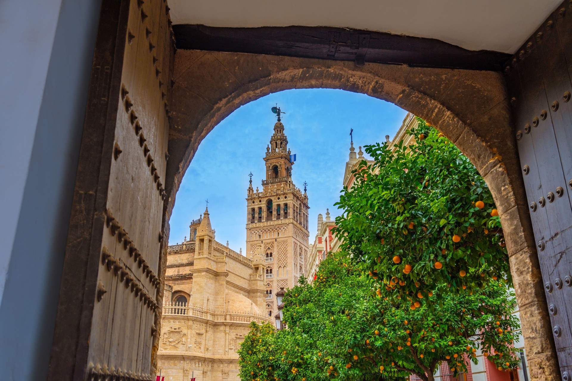 Giralda of Sevilla cathedral belfry tower in Andalusia Spain