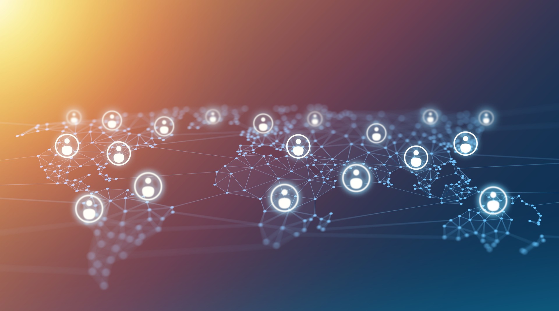 Social Network Connection Icons on World Map Polygon Graphic Background with Connected Lines