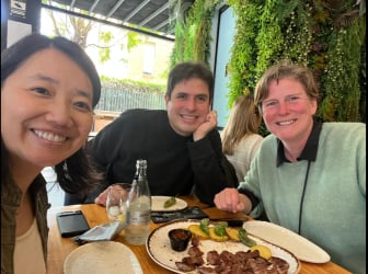 Helen with Daniel and Lu at a restaurant in Seville