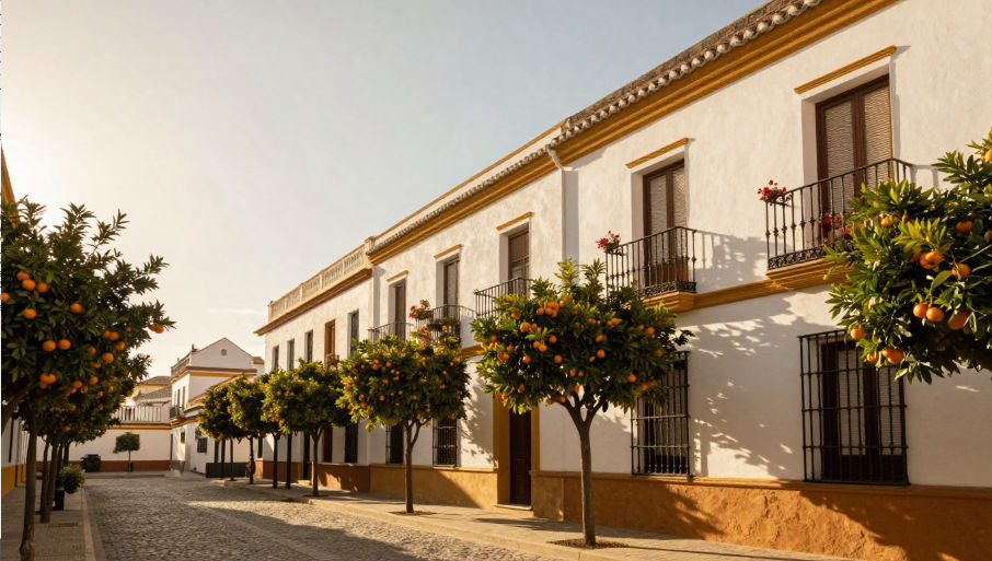 A quiet Seville street lined with orange trees and whitewashed houses
